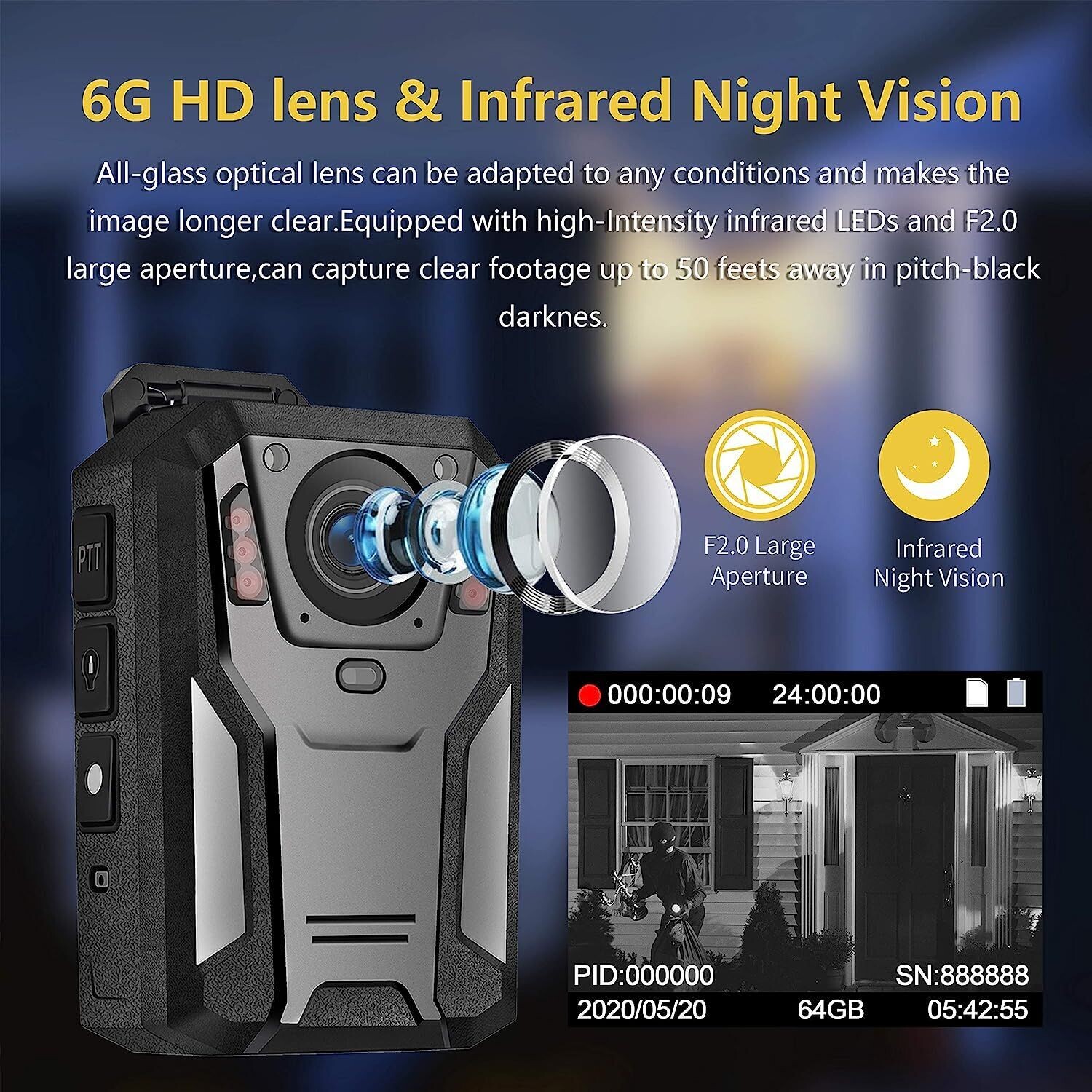 Aolbea 1440P QHD Police Body Camera Built-in 64GB Record Video Audio