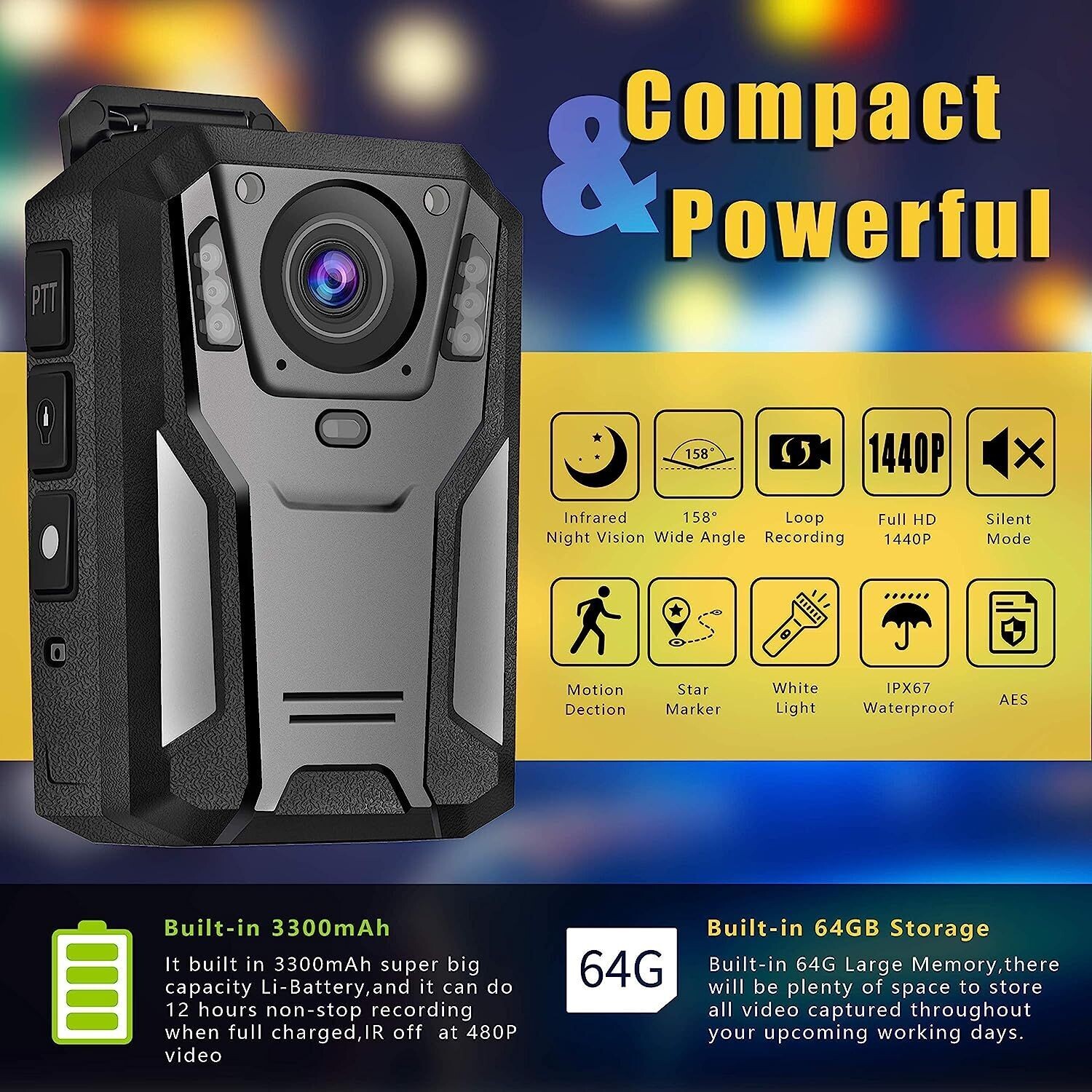 Aolbea 1440P QHD Police Body Camera Built-in 64GB Record Video Audio